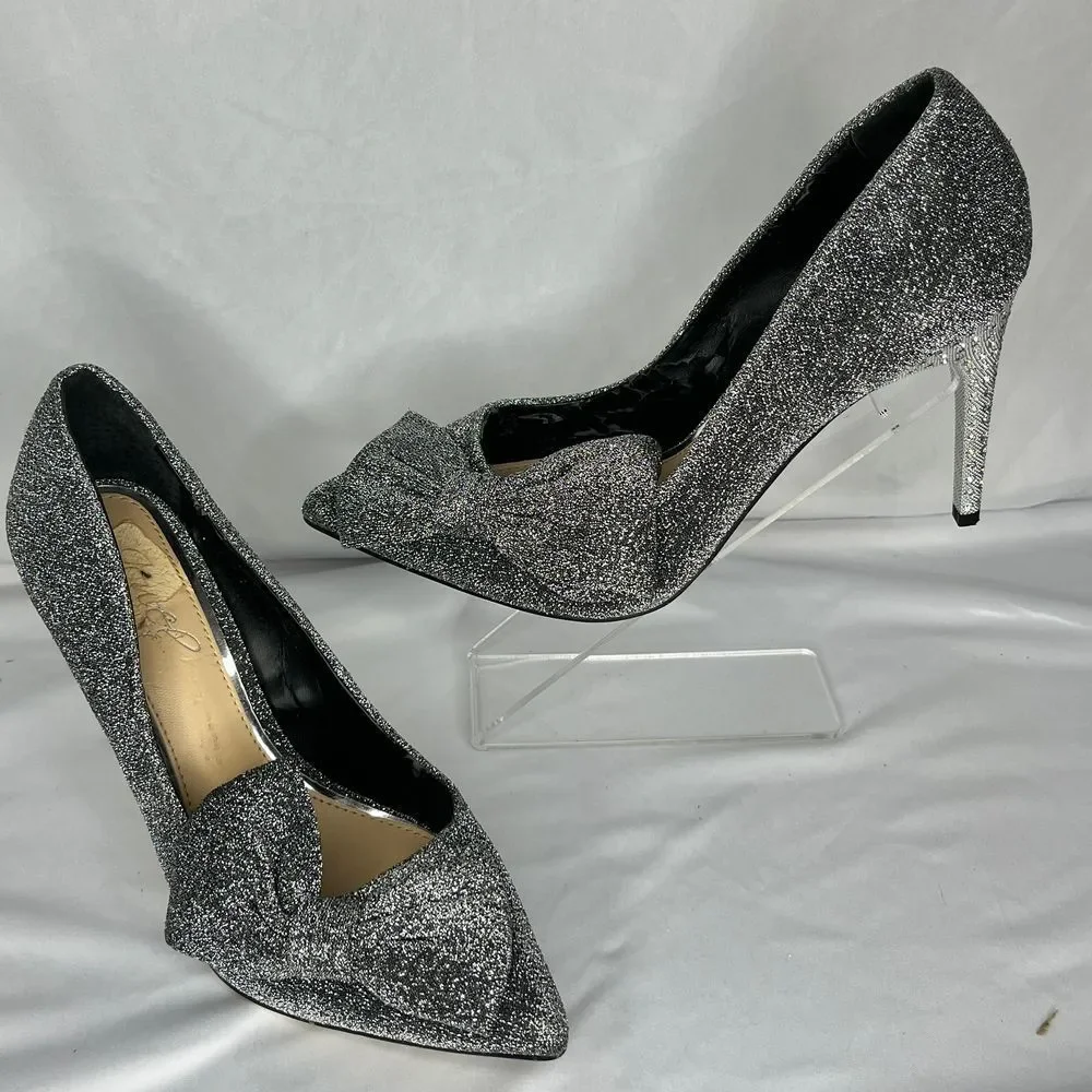 Jewel Badgley Mischka Pumps Womens 5.5‎ Silver Glitter Rhinestone Bow Stiletto